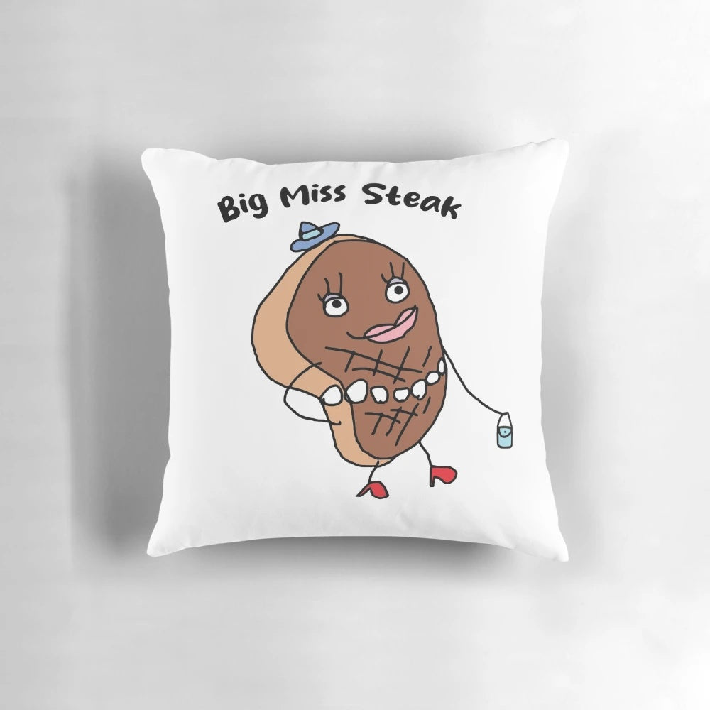 Big Miss Steak" meme pillow, featuring a humorous pop culture design