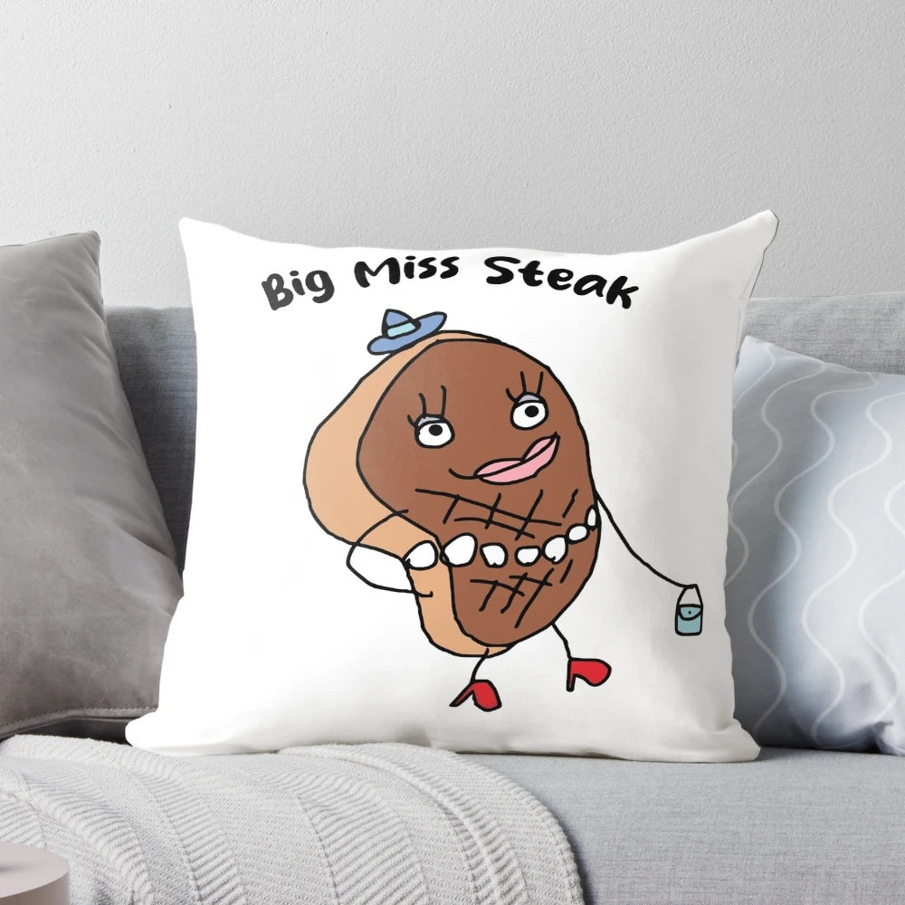 Big Miss Steak" meme pillow, featuring a humorous pop culture design