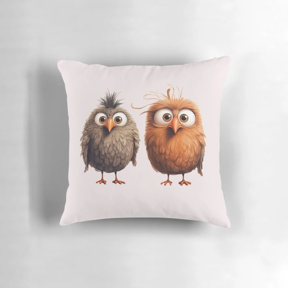Colorful graphic design of a playful, cartoon-style bird on a decorative pillow