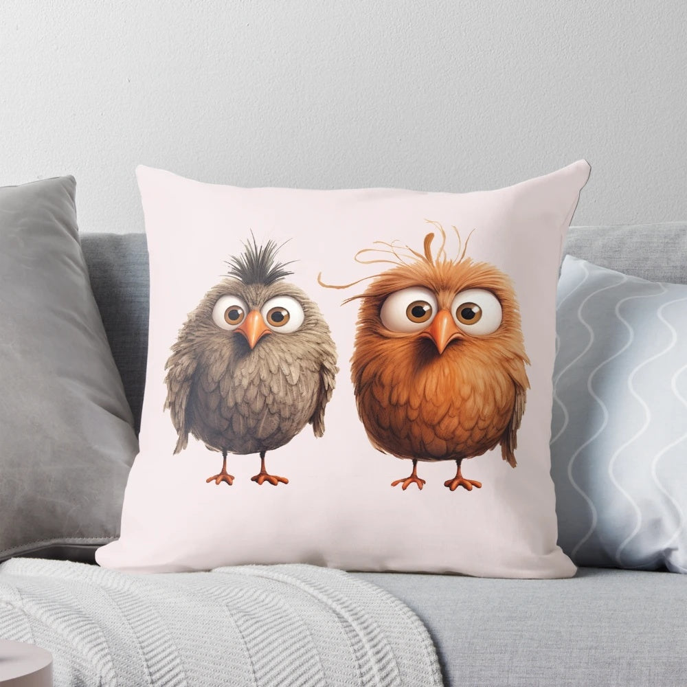Colorful graphic design of a playful, cartoon-style bird on a decorative pillow