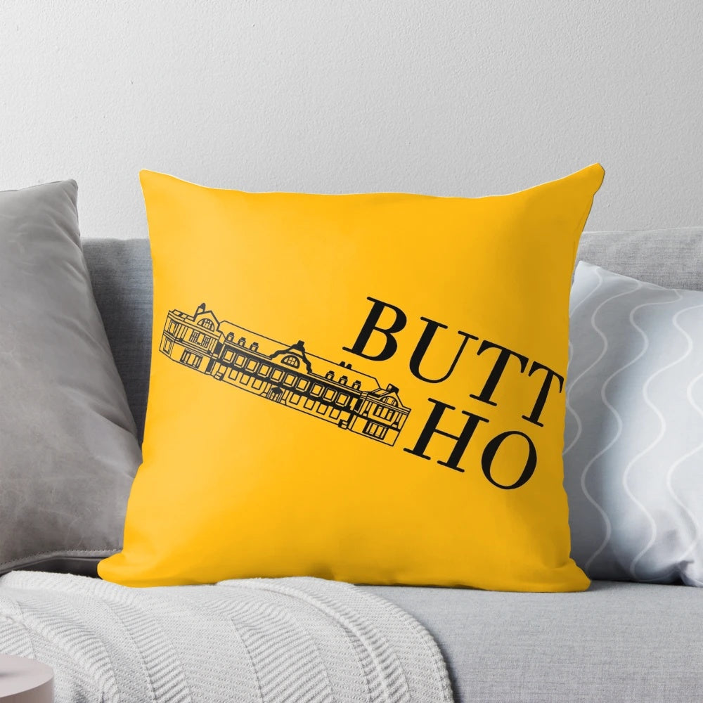 Pillow featuring the comedic logo from the British TV show "Ghosts"