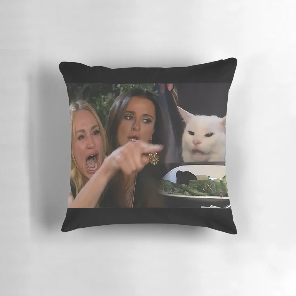 Decorative throw pillow featuring the popular "woman yelling at a cat" meme image