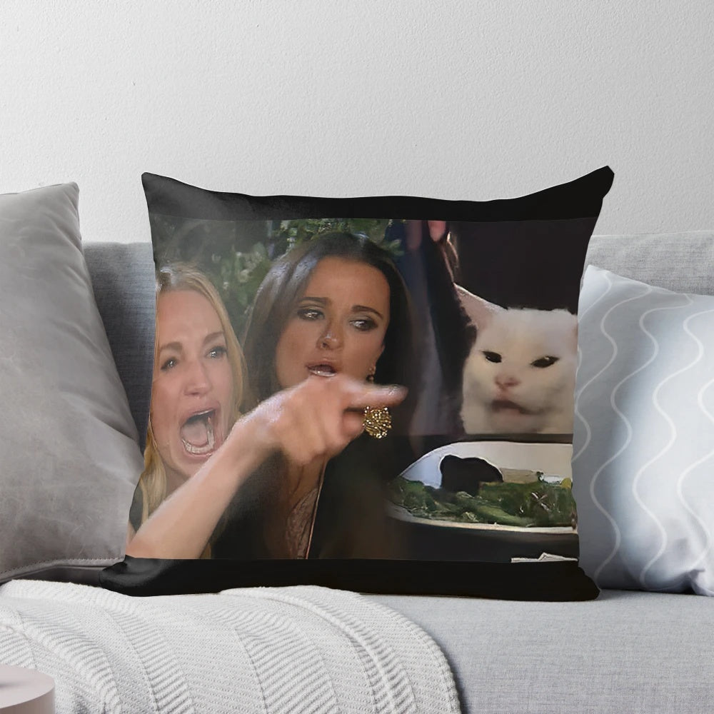 Decorative throw pillow featuring the popular "woman yelling at a cat" meme image