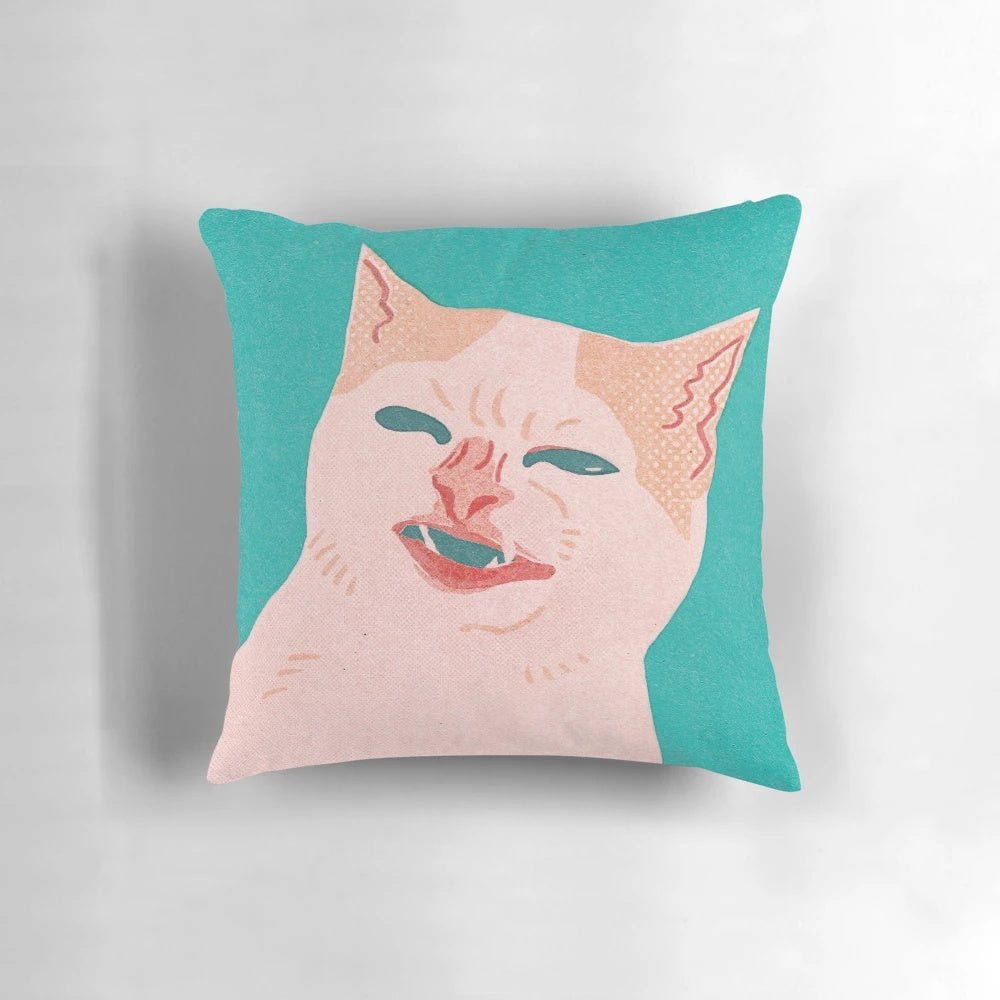 A soft, plush pillow featuring the popular "Cat No Banana" meme design.