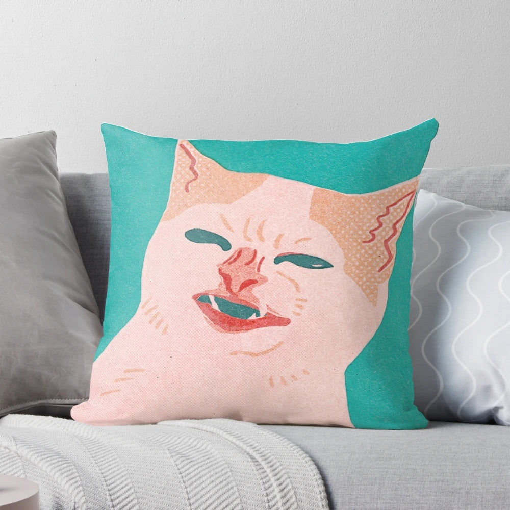 A soft, plush pillow featuring the popular "Cat No Banana" meme design.