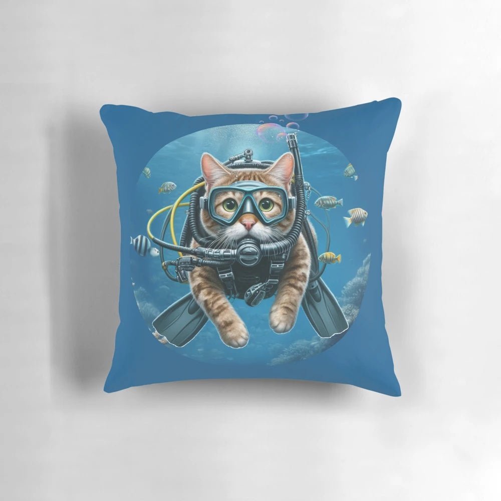Scuba cat pillow featuring a funny cat in a scuba diving gear exploring an underwater ocean scene