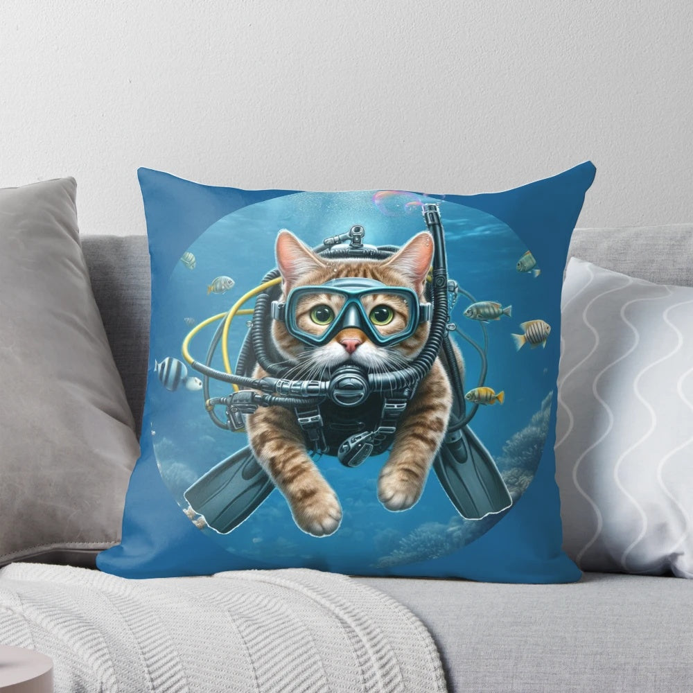 Scuba cat pillow featuring a funny cat in a scuba diving gear exploring an underwater ocean scene
