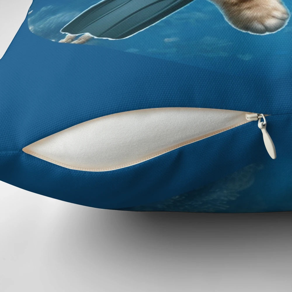 Scuba cat pillow featuring a funny cat in a scuba diving gear exploring an underwater ocean scene