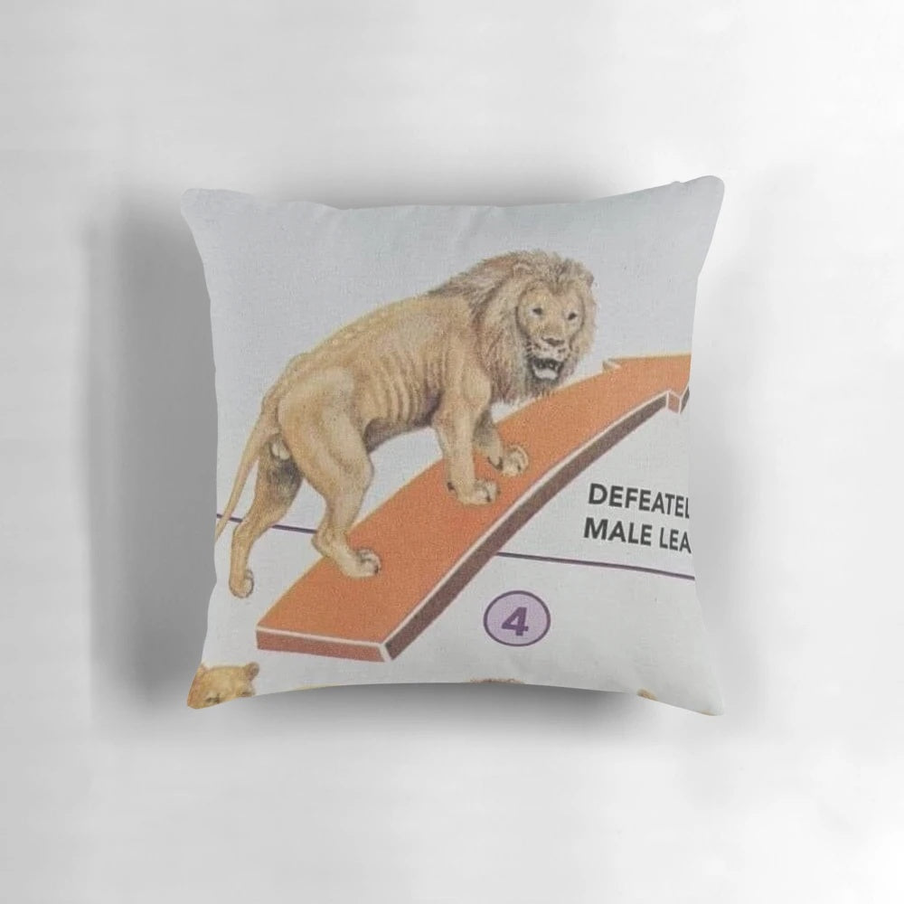 Funny "Defeated Male Leaves" lion pillow with humorous textbook meme design