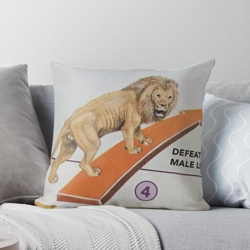 Funny "Defeated Male Leaves" lion pillow with humorous textbook meme design