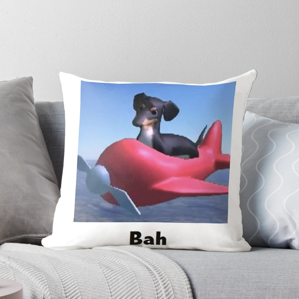 Plush dog-shaped pillow with "Bah" text, inspired by the popular "Dog of Wisdom" meme