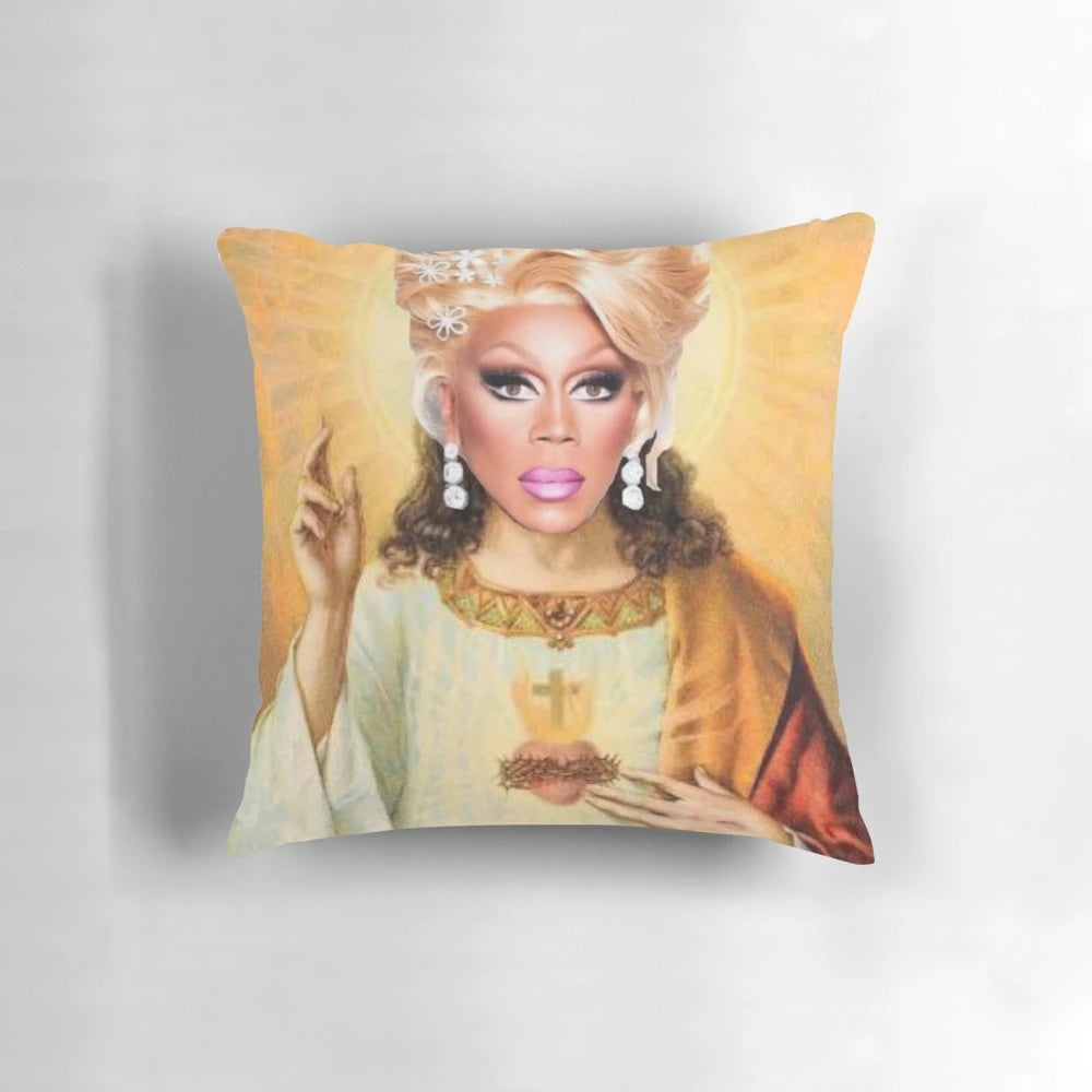 Colorful collage pillow featuring a drag queen version of Jesus Christ