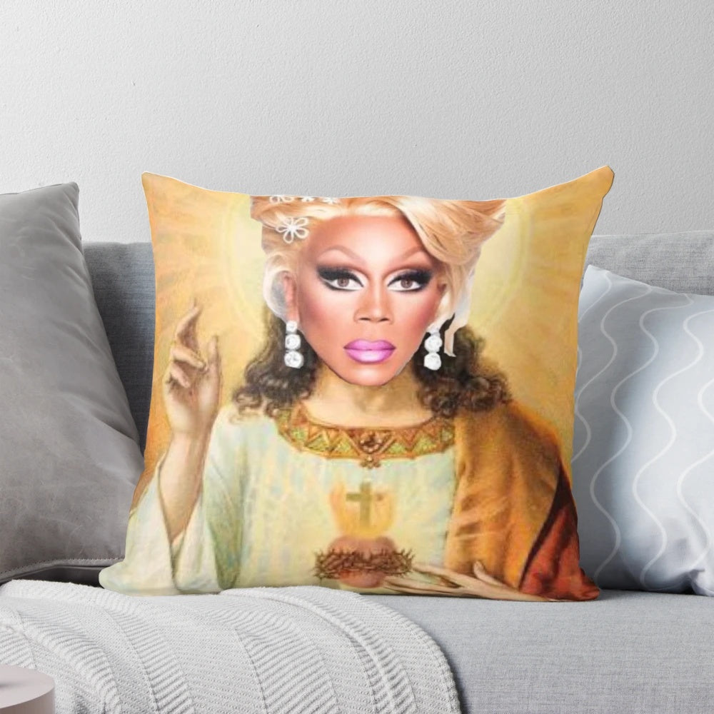 Colorful collage pillow featuring a drag queen version of Jesus Christ