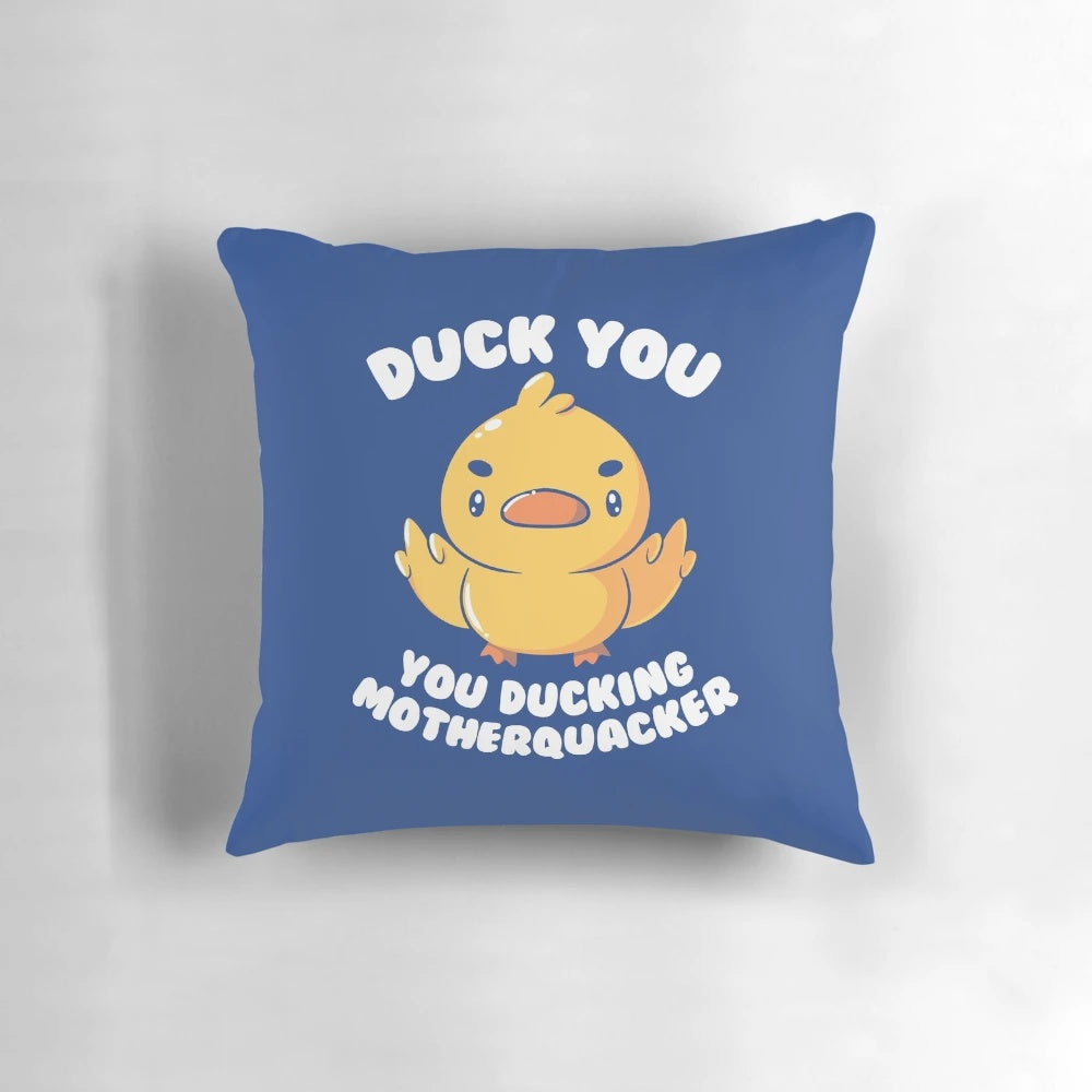 Colorful throw pillow featuring a comical duck with the text "Ducking Motherquacker" designed by Tobe Fonseca.