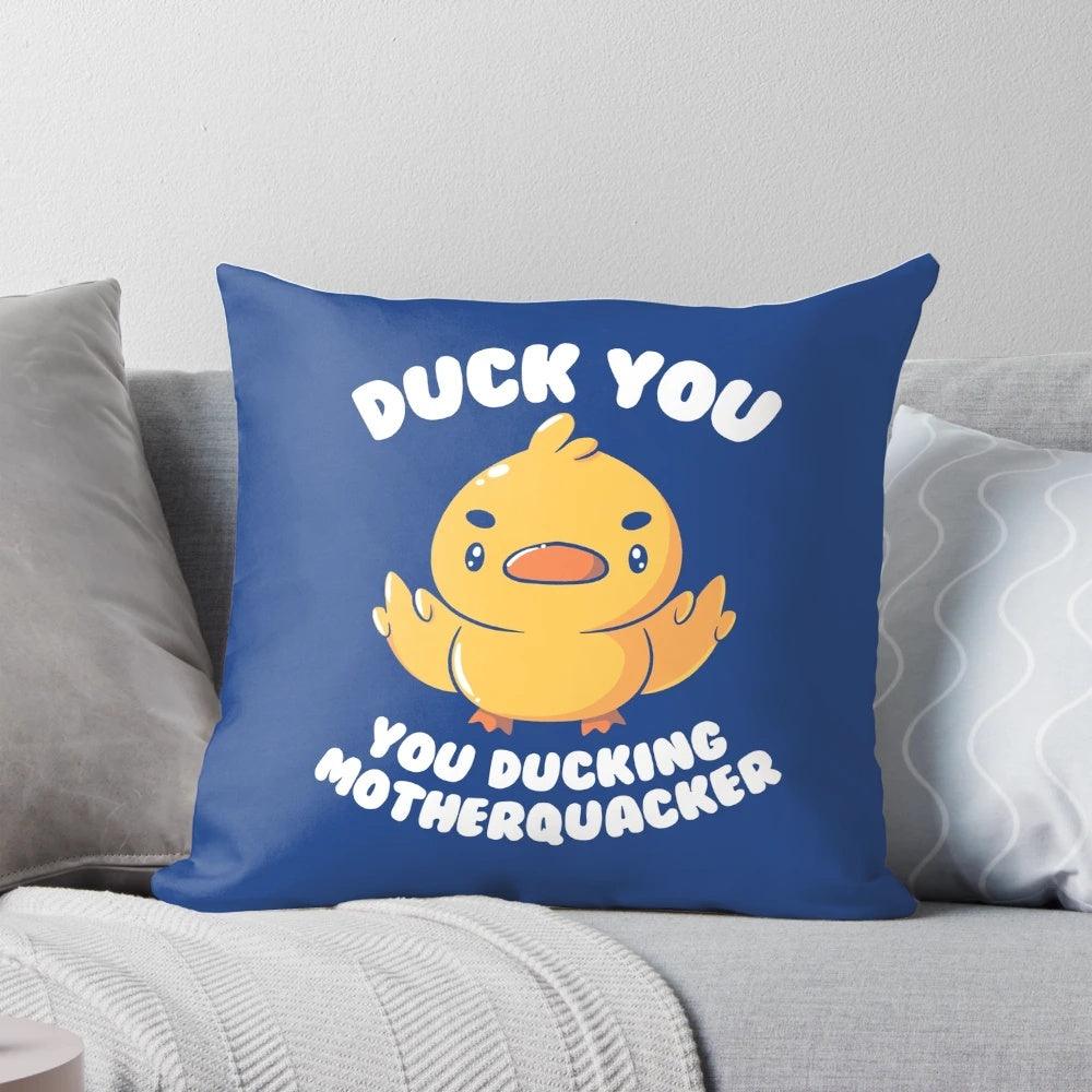 Colorful throw pillow featuring a comical duck with the text "Ducking Motherquacker" designed by Tobe Fonseca.