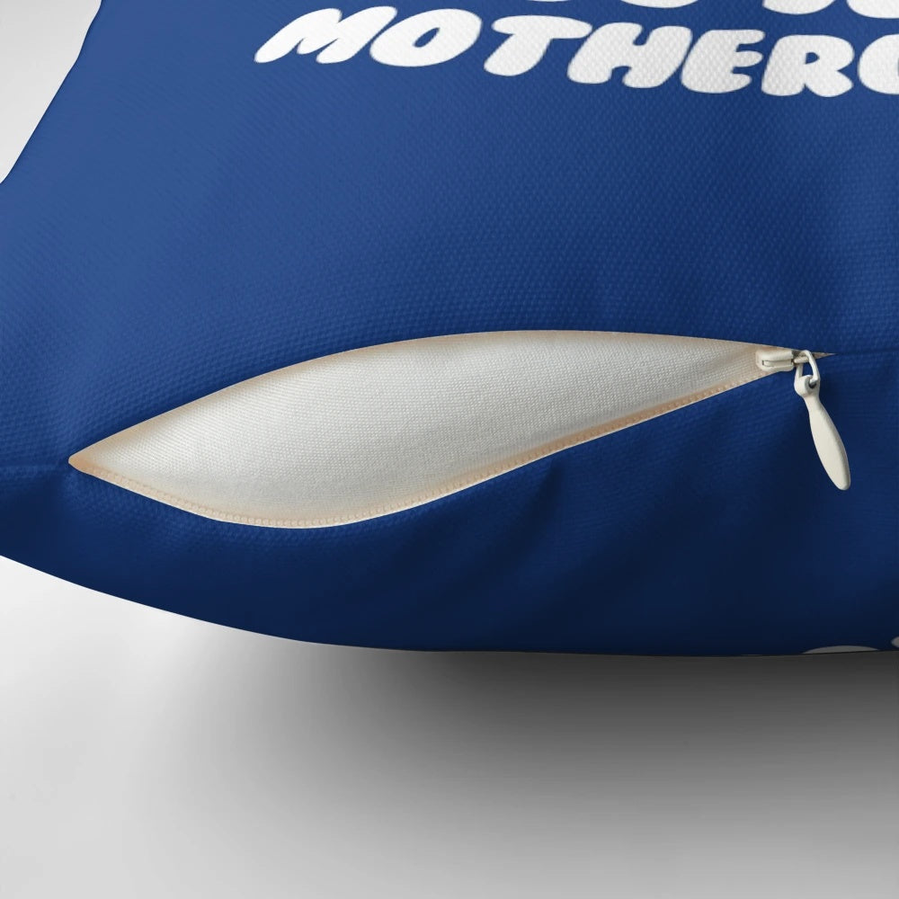 Colorful throw pillow featuring a comical duck with the text "Ducking Motherquacker" designed by Tobe Fonseca.