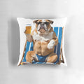 An English bulldog wearing sunglasses, relaxing in a deckchair and drinking a beer, printed on a decorative pillow.