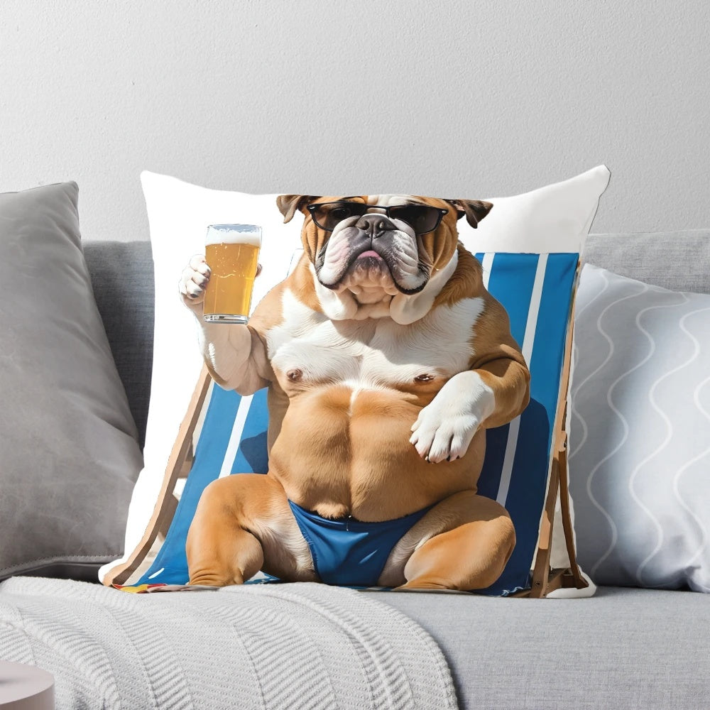 An English bulldog wearing sunglasses, relaxing in a deckchair and drinking a beer, printed on a decorative pillow.