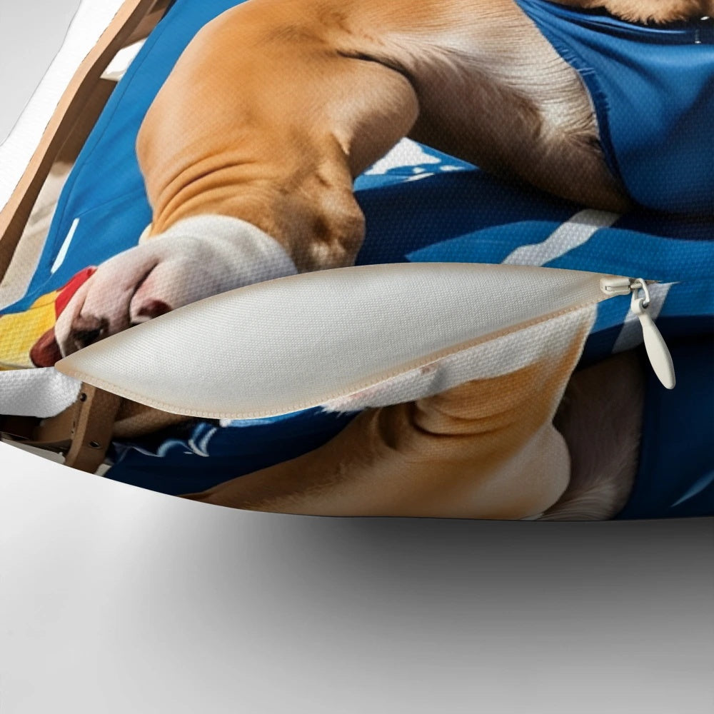 An English bulldog wearing sunglasses, relaxing in a deckchair and drinking a beer, printed on a decorative pillow.