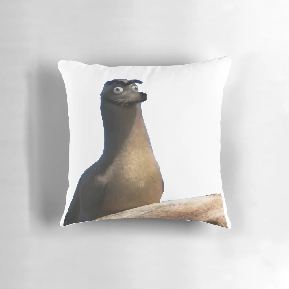 Playful finding dory themed pillow featuring a cute seal character