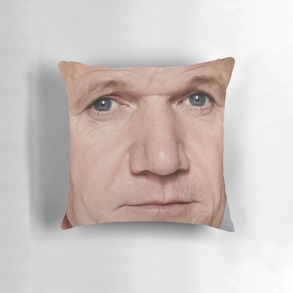 Funny Gordon Ramsay-themed decorative pillow with his iconic facial expression