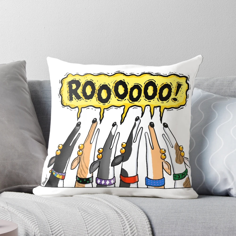 Cartoon image of a greyhound or sighthound dog on a decorative pillow