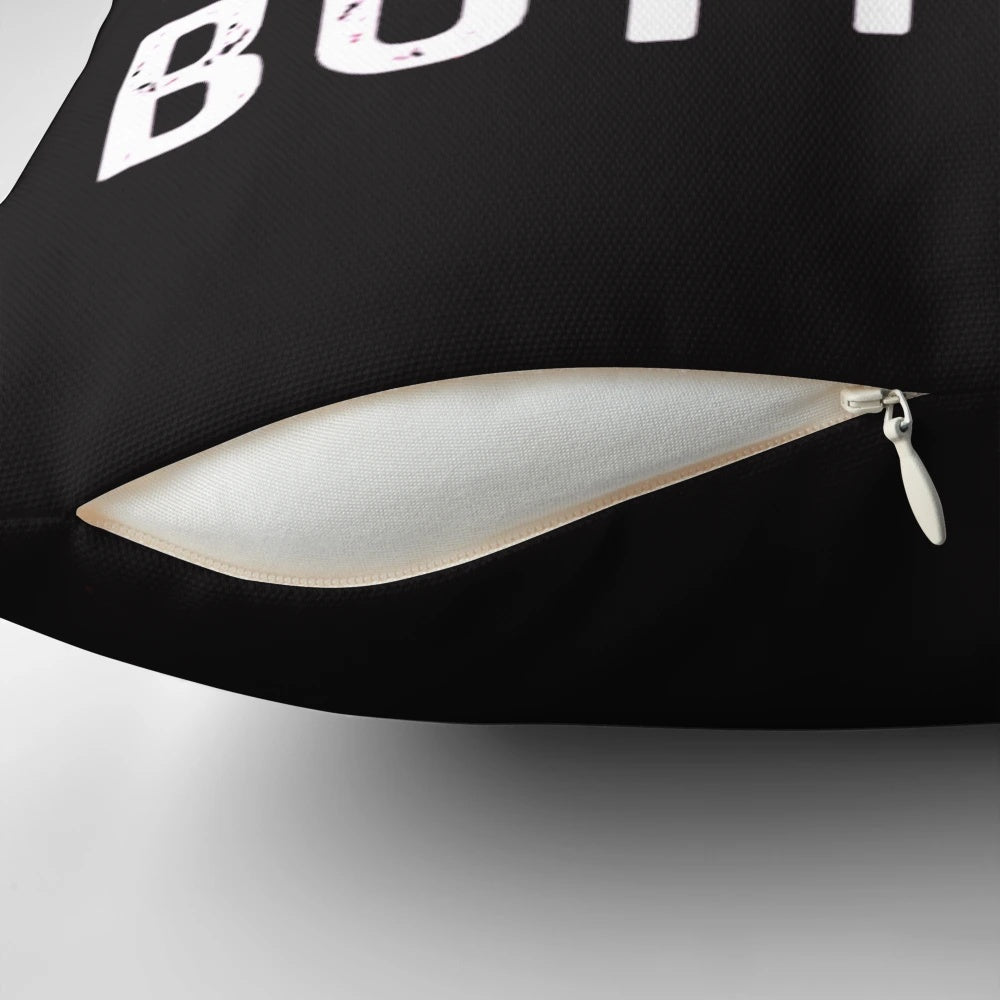 Funny and quirky decorative pillow featuring the classic "Guess What? Chicken Butt!" joke design