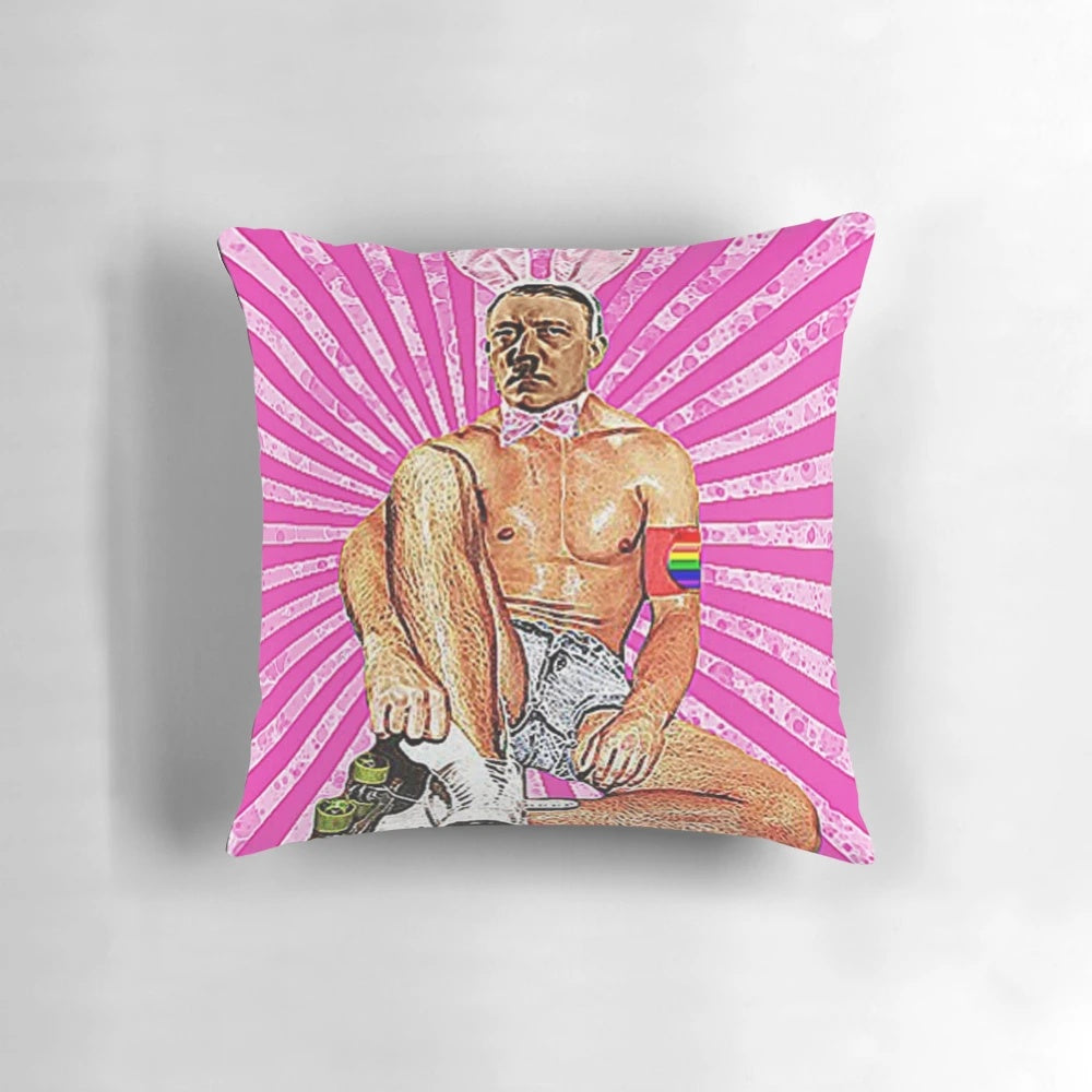 Pillow featuring a surrealist design with a "roller boy" and references to Hitler humor and fascist imagery.