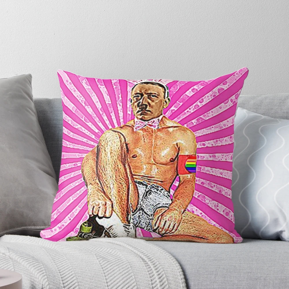 Pillow featuring a surrealist design with a "roller boy" and references to Hitler humor and fascist imagery.