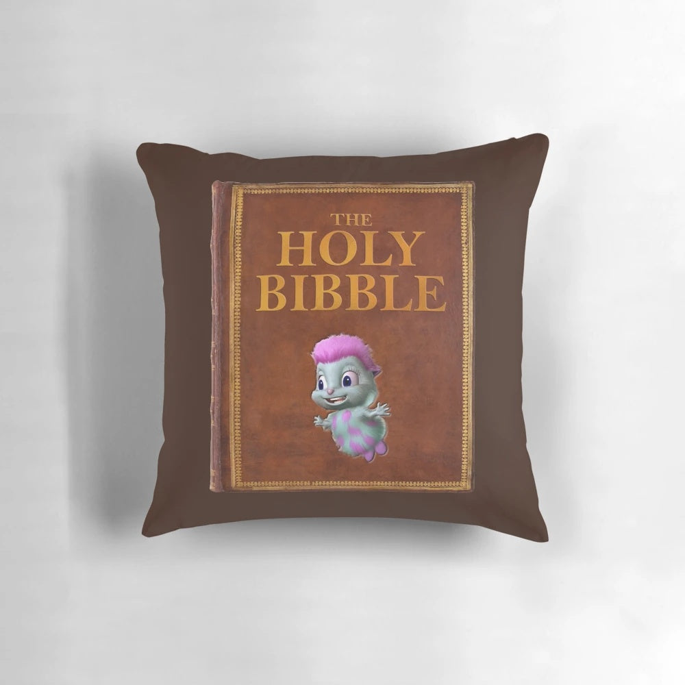Humorous holy bibble pillow with meme-inspired graphic design
