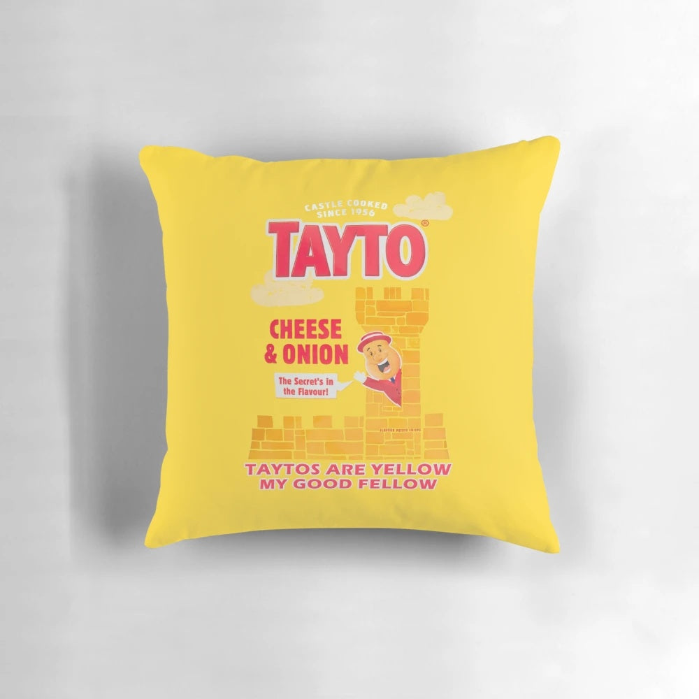 Pillow featuring a humorous Irish joke about the popular Tayto crisps