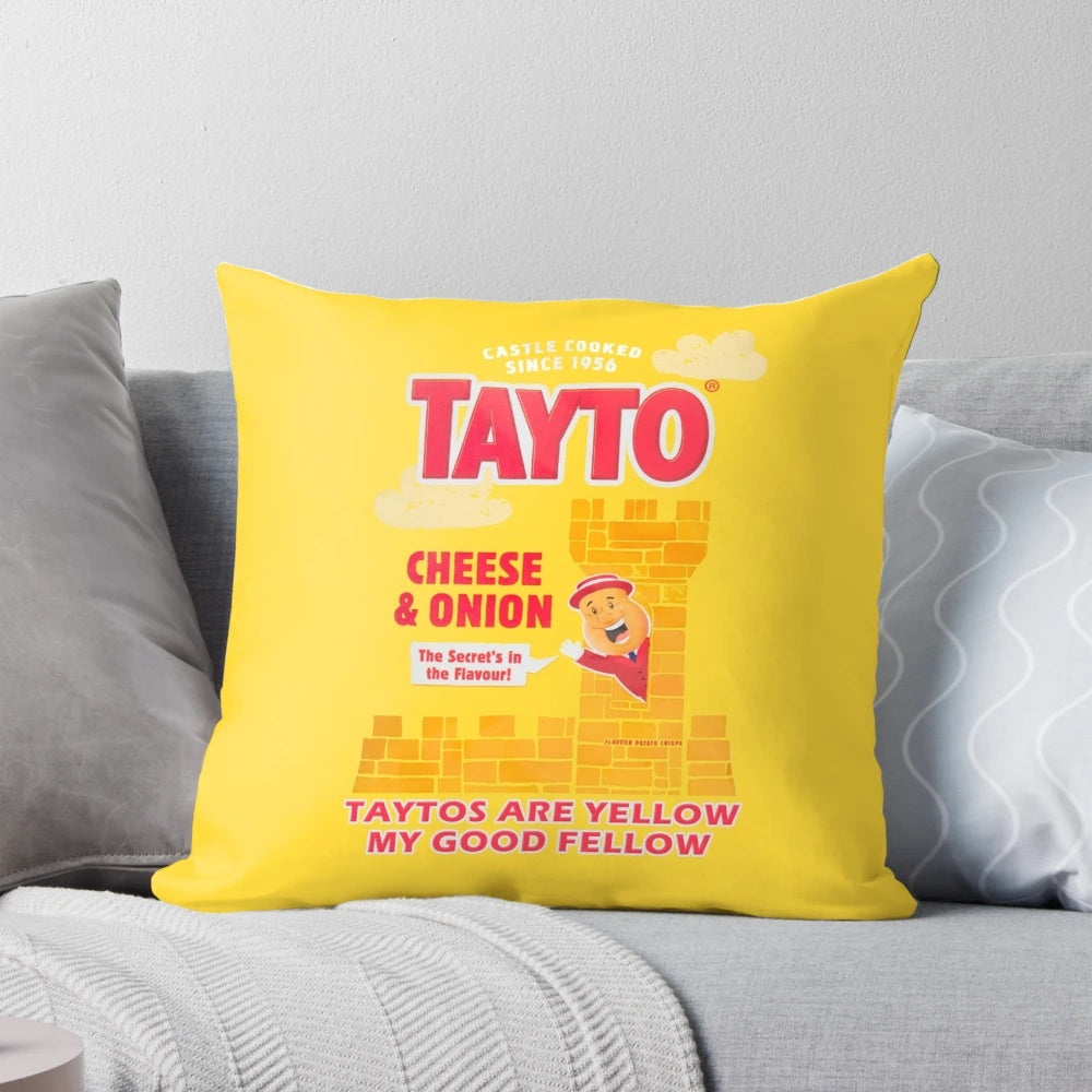 Pillow featuring a humorous Irish joke about the popular Tayto crisps