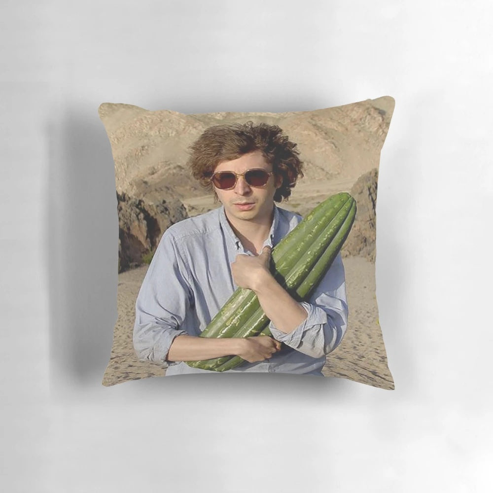 Photograph of a Pillow featuring Michael Cera holding a Cactus in the Desert