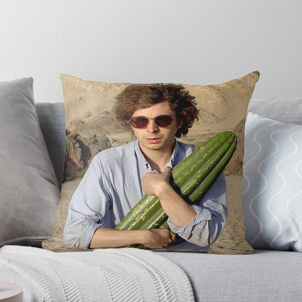 Photograph of a Pillow featuring Michael Cera holding a Cactus in the Desert