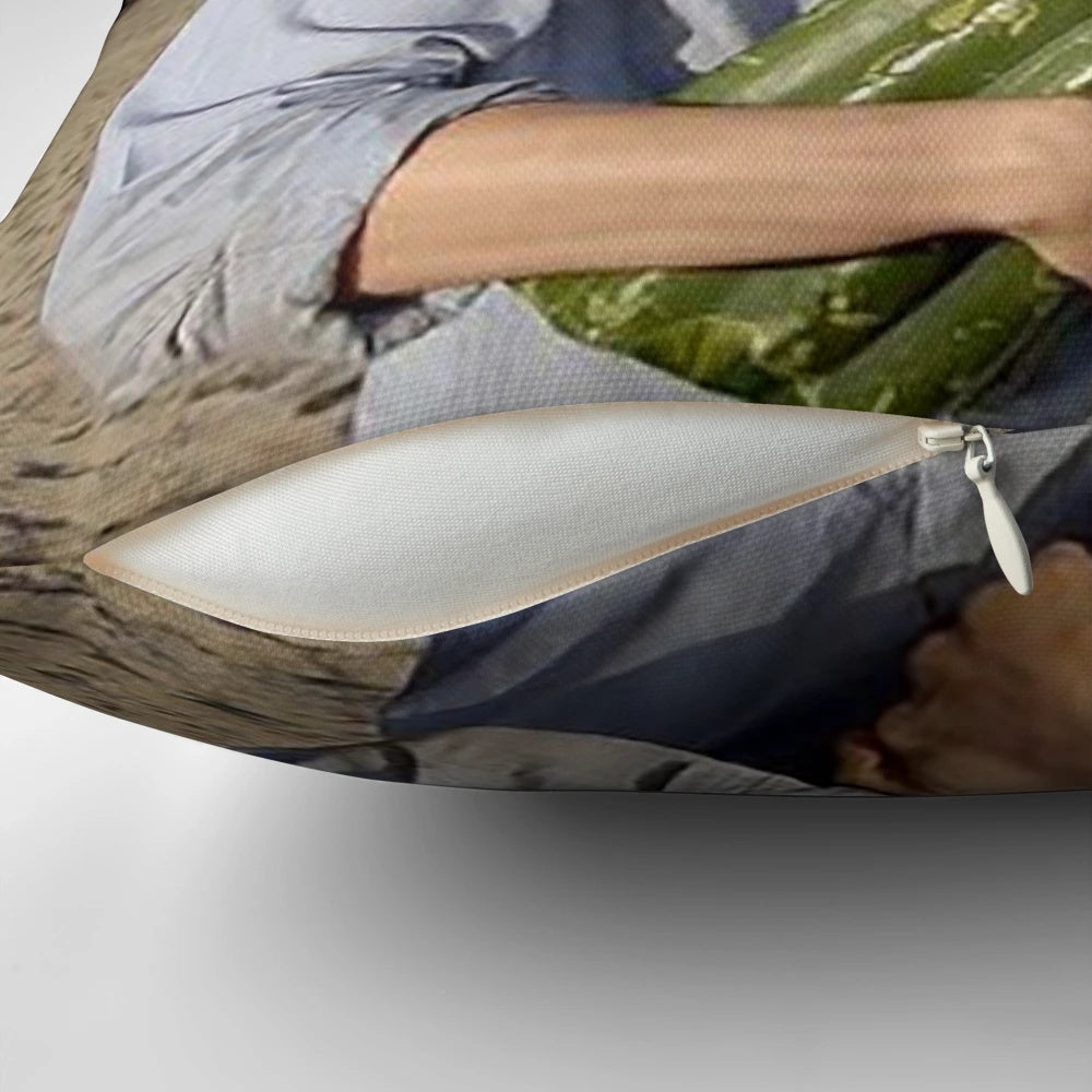 Photograph of a Pillow featuring Michael Cera holding a Cactus in the Desert