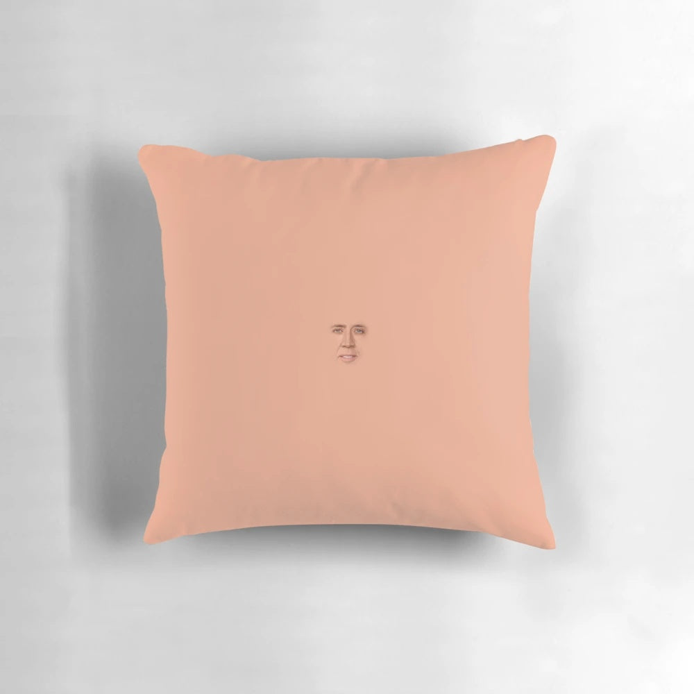 Nicolas Cage face printed on a plush, comfortable pillow.