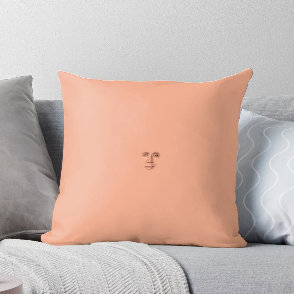 Nicolas Cage face printed on a plush, comfortable pillow.