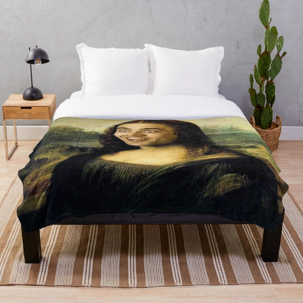 Nicolas Cage's face edited onto the Mona Lisa on a plush blanket