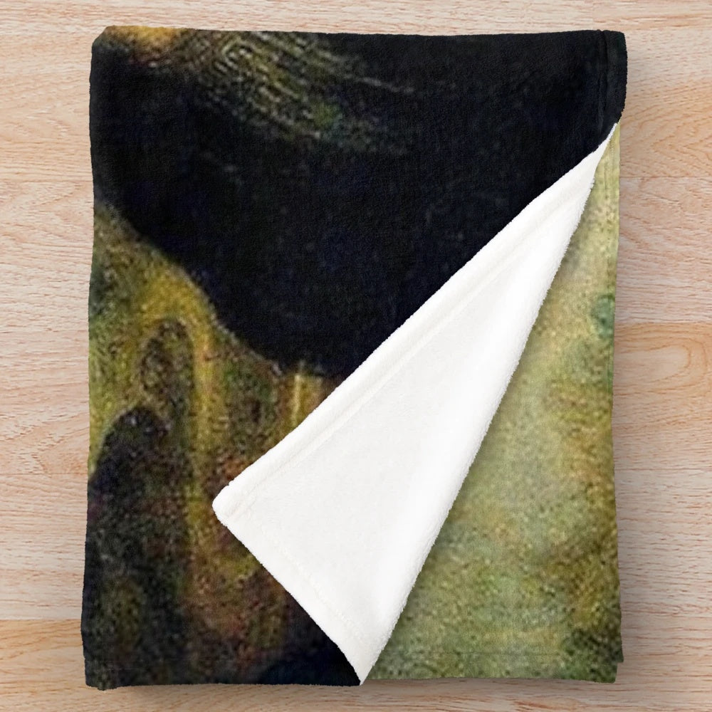 Nicolas Cage's face edited onto the Mona Lisa on a plush blanket