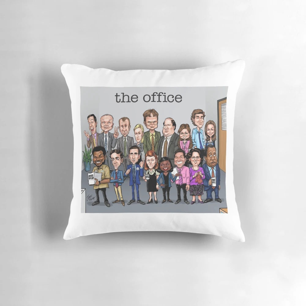 Colorful caricature pillow featuring the cast of the popular TV series "The Office
