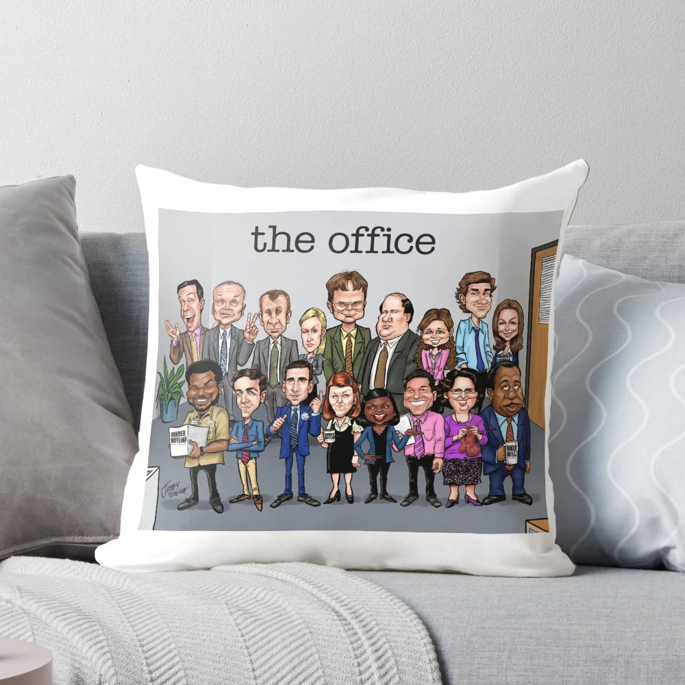 Colorful caricature pillow featuring the cast of the popular TV series "The Office