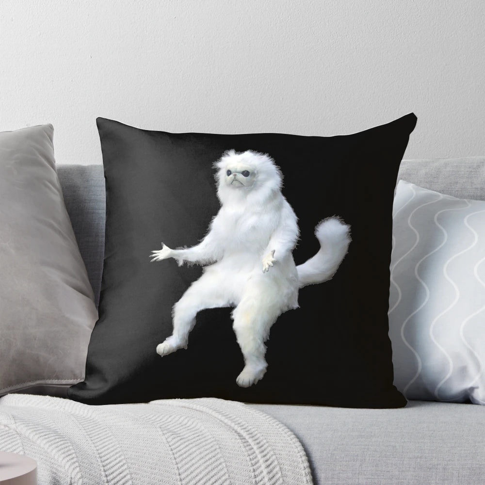 Humorous white Persian cat meme-inspired room guardian pillow