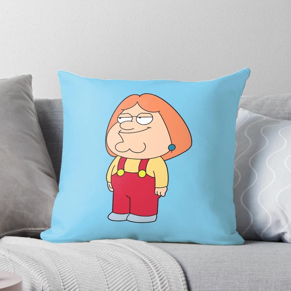Pillow featuring a mashup of the iconic Family Guy characters Peter, Lois, and Stewie Griffin