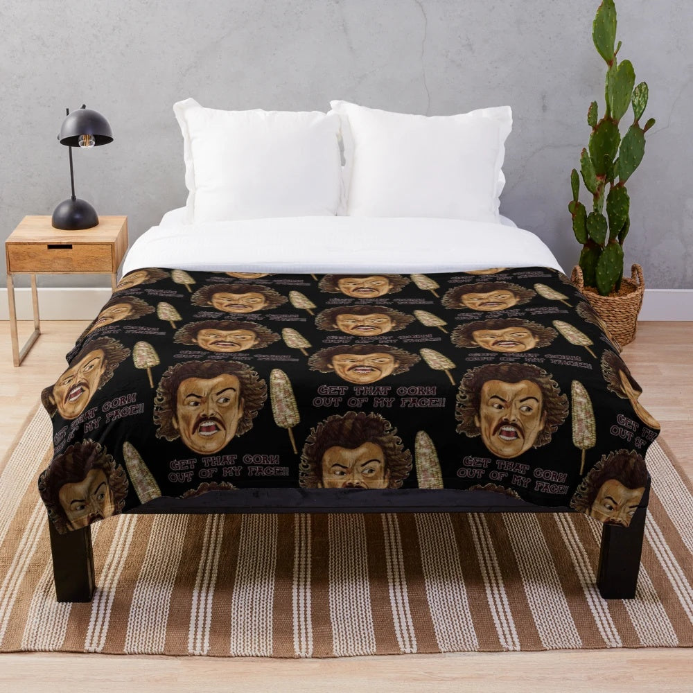 Plush blanket with corn and wrestling graphics