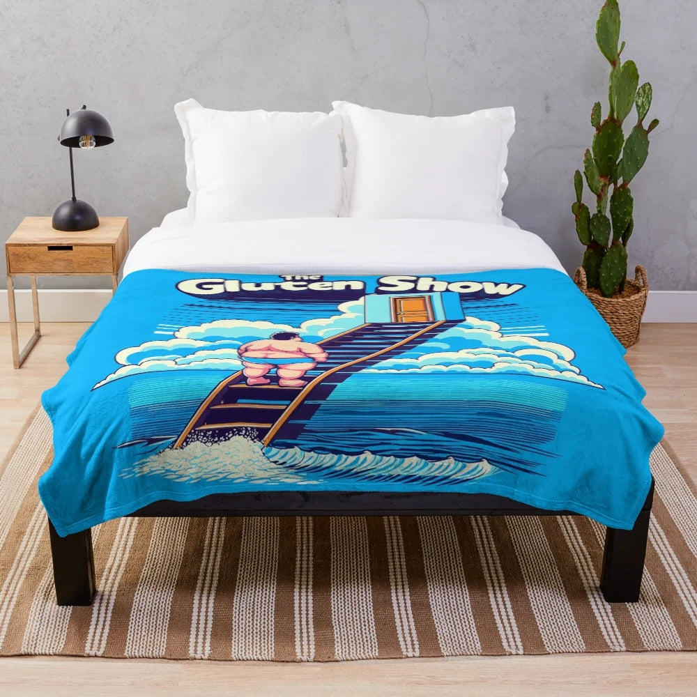 Plush blanket with "The Gluten Show" movie parody design