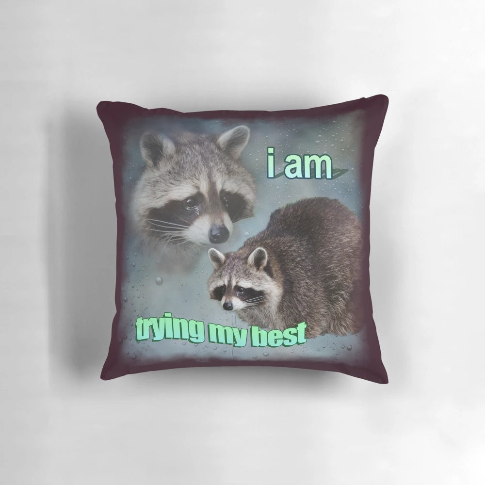 A Pillow featuring a funny, cursed raccoon word art meme design.