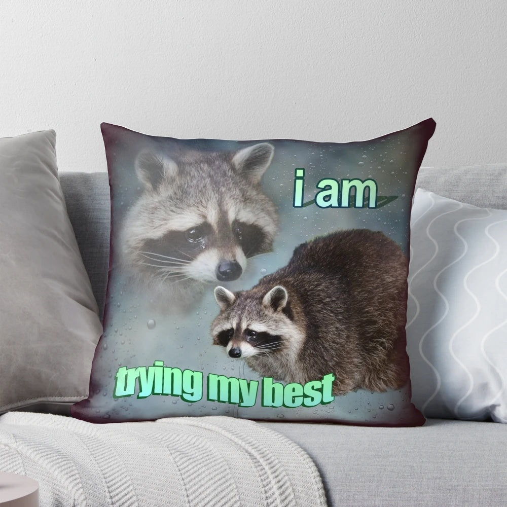 A Pillow featuring a funny, cursed raccoon word art meme design.