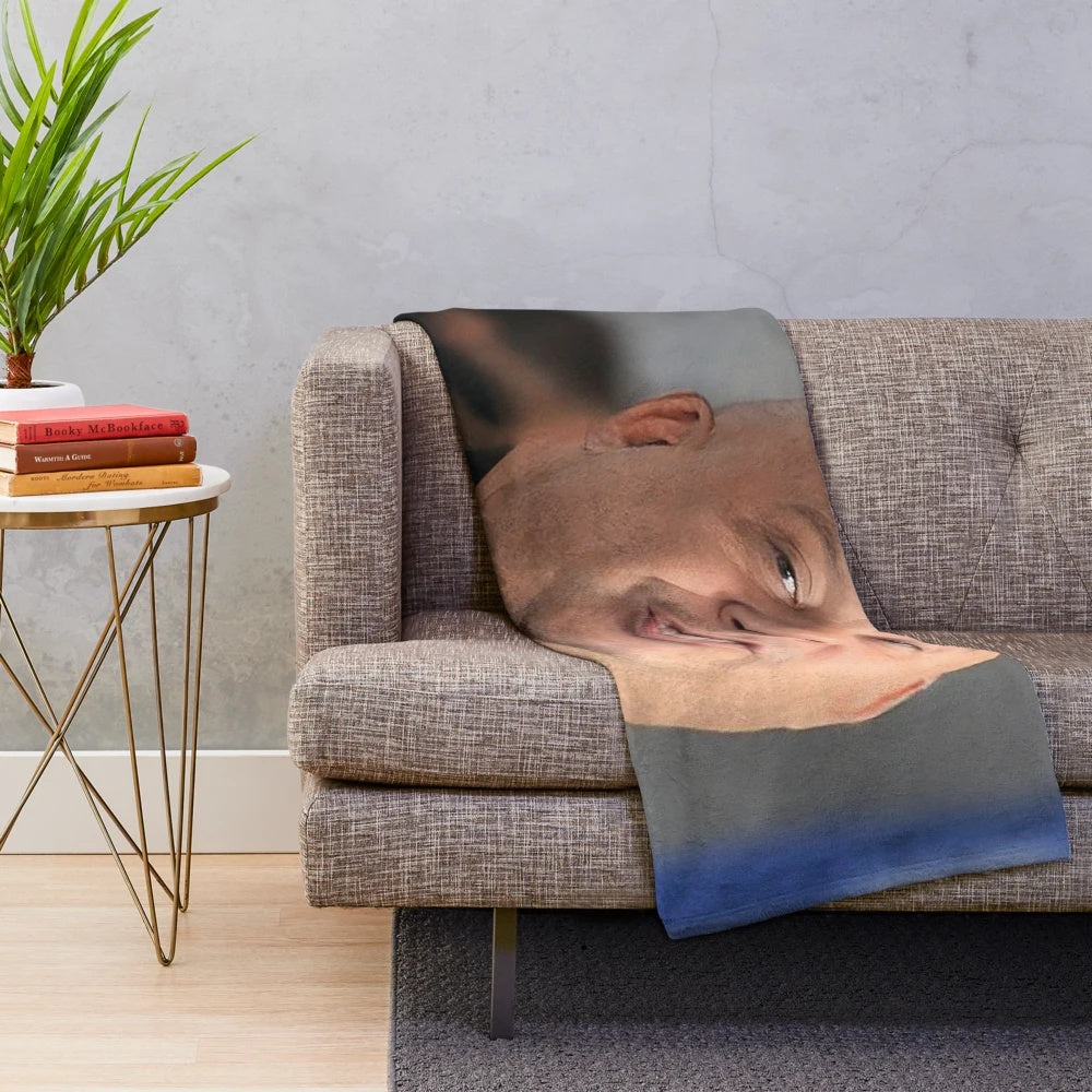 Plush blanket with a humorous depiction of a chubby Vin Diesel