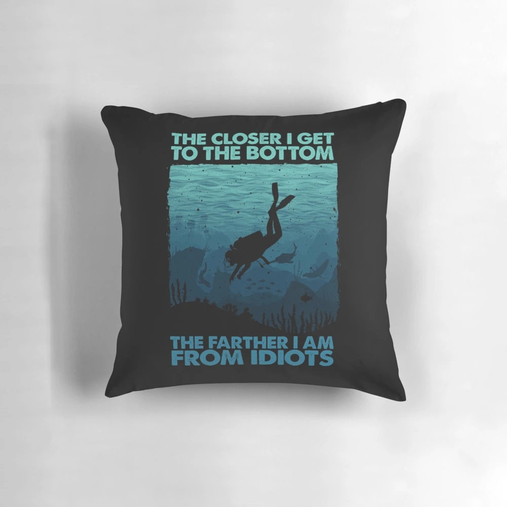A vibrant, humorous scuba diving themed decorative throw pillow featuring fun graphics and quotes for scuba divers.