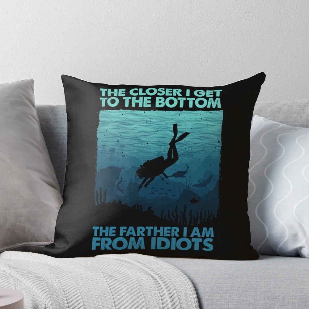 A vibrant, humorous scuba diving themed decorative throw pillow featuring fun graphics and quotes for scuba divers.